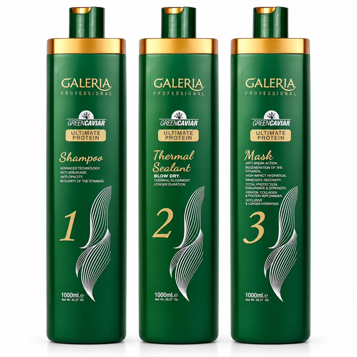 79627696-f781-45e0-ac51-d64563959d65 Galeria Professional Green Caviar Ultimate Protein 3-Step Hair Smoothing Treatment Kit – 3 × 1000ml - Image 1